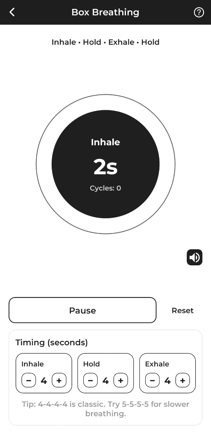 PaybyCal app: guided box breathing timer