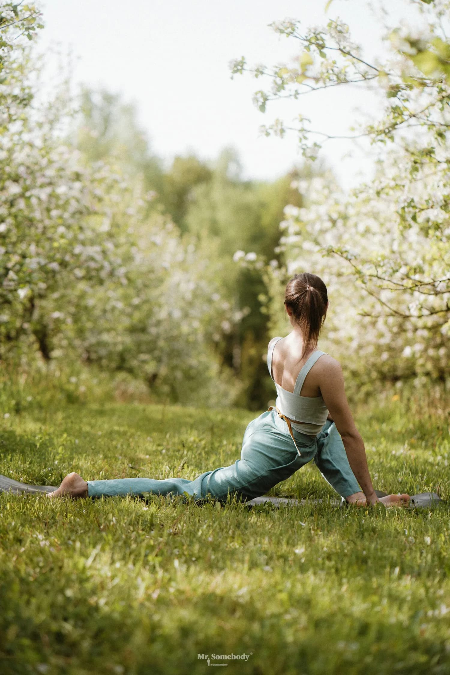 Woman stretching on the grass in a park, seen from behind