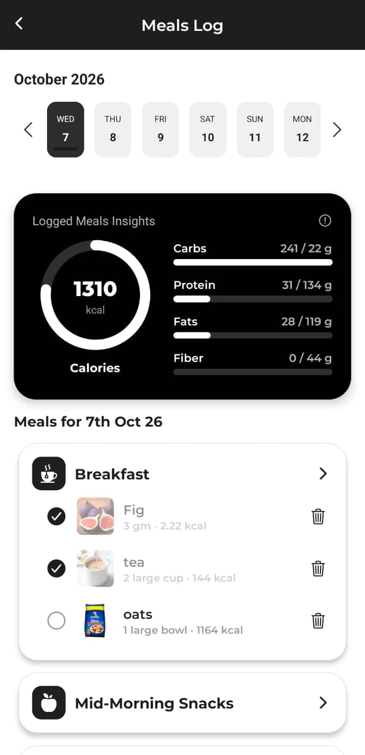 PaybyCal app: daily meals log with calories and macros